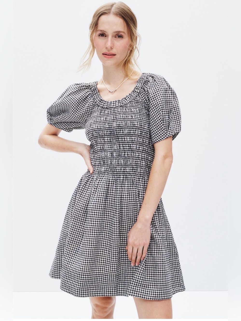 Madewell Black & White Gingham Smocked Puff-Sleeve Mini Dress